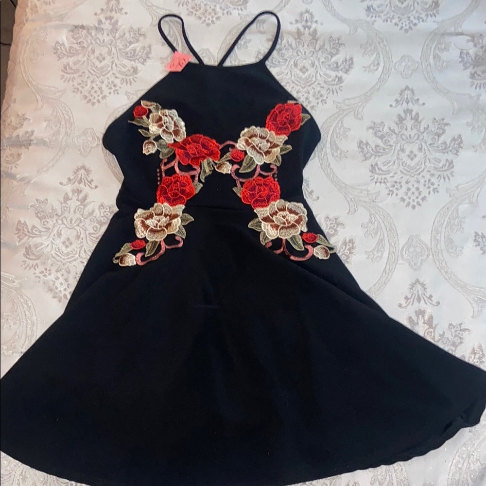 Black Dress with Red and White Floral Embroidery
